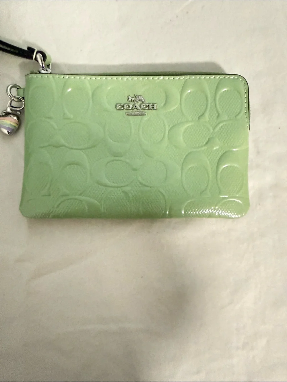 Coach Light Green Patent Signature Wristlet with Rainbow Charm 🌈! NWT